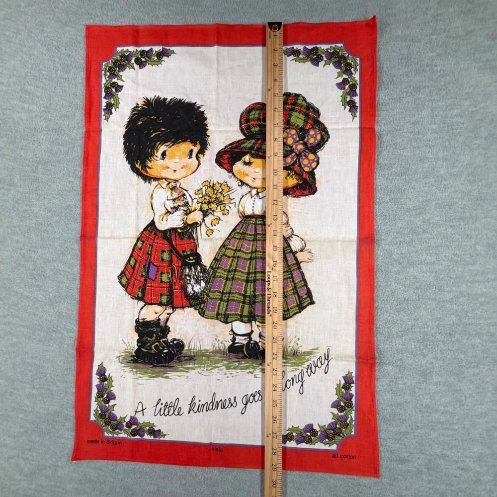 Vintage Vista Tea Towel Red Scottish Kindness Cotton Made in Britain MCM 1970 's